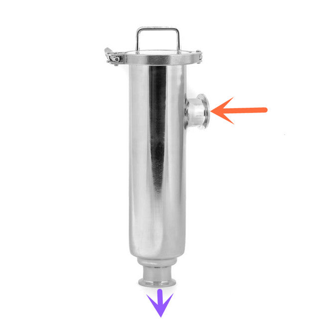 SS304 1,5" Tri-Clamp Hopstrainer mit seitlichem Eingang, Keildraht, 150 Mesh (100 Mikro), 3" Körper